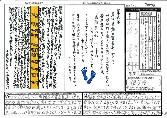 日本郵便社長賞・Ｅブロック最優秀賞　徳島県　徳島文理小学校　６年　小延　蒼其