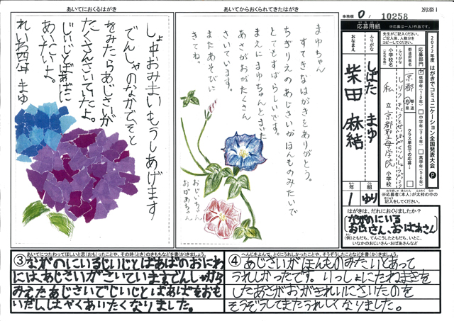 Ｄブロック優秀賞　京都府　私立京都聖母学院小学校　１年　柴田　麻結