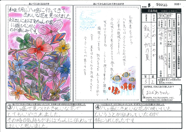 Ｂブロック優秀賞　神奈川県　川崎市立橘小学校　５年　飯沢　帆乃夏